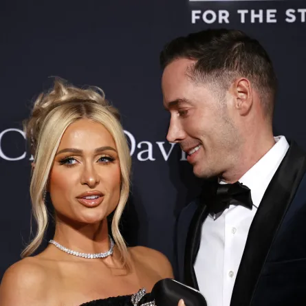 Paris Hilton and husband Carter Reum arrive for the Recording Academy and Clive Davis pre-Grammy gala at the Beverly Hilton hotel in Beverly Hills, California on February 4, 2023. Michael TRAN / AFP