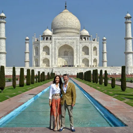 Crown Prince Frederik and Crown Princess Mary in front of the Taj Mahal in Agra on February 26, 2023. AFP
