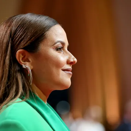 Lebanese TV celebrity Raya Abirached, poses on the red carpet of the 5th edition of the El Gouna Film Festival on the Red Sea resort of El Gouna in Egypt on October 19, 2021. PATRICK BAZ / El Gouna Film Festival \AFP 