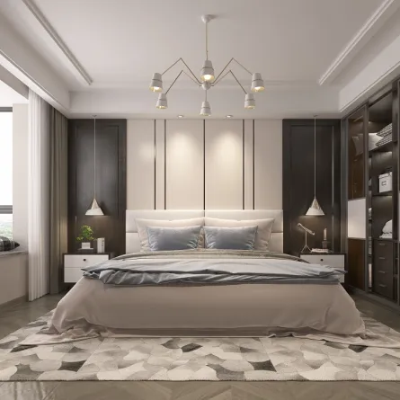 السرير يتكئ إلى الجدار الرئيسي في الغرفة