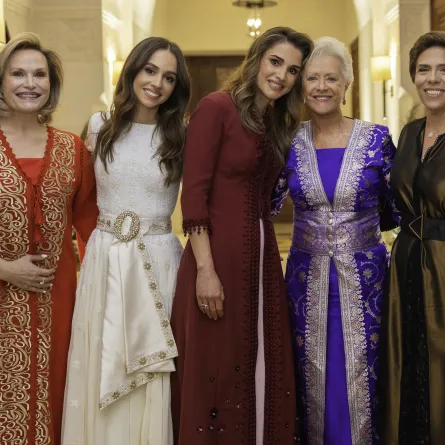    A handout picture released by the Press Service of Jordanian Queen Rania, shows her (C) posing for a picture with Princess Aisha bint Hussein (L), Princess Iman bint Abdullah (2nd L), Princess Muna al-Hussein (2nd R) and Princess Zein bint Hussein (R) at a henna ceremony night on March 7, 2023 ahead of Princess Iman's upcoming wedding. AFP PHOTO / OFFICE OF HER MAJESTY QUEEN RANIA AL ABDULLAH / YOUSEF ALLAN