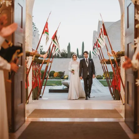 A handout picture released by Jordan's Royal Palace shows the wedding ceremony of the Jordanian monarch's eldest daughter Princess Iman and Jameel Alexander Thermiotis in Amman on March 12, 2023. Thermiotis, who was born in 1994 in Venezuela to a family of Greek origin, currently works in the field of finance in New York.  AFP PHOTO / JORDANIAN ROYAL PALACE