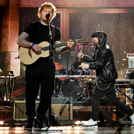 Ed Sheeran and inductee Eminem perform onstage during the 37th Annual Rock & Roll Hall of Fame Induction Ceremony at Microsoft Theater on November 05, 2022 in Los Angeles, California. Theo Wargo/Getty Images for The Rock and Roll Hall of Fame/AFP