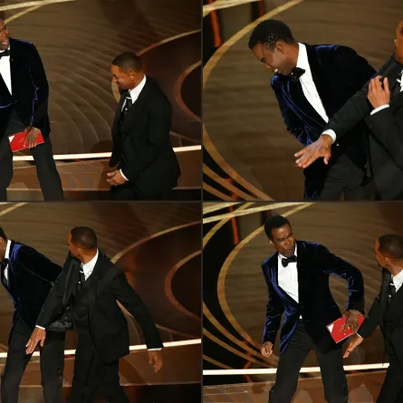 Will Smith (R) slaps US actor Chris Rock onstage, during the 94th Oscars at the Dolby Theatre in Hollywood, California on March 27, 2022.Robyn Beck / AFP