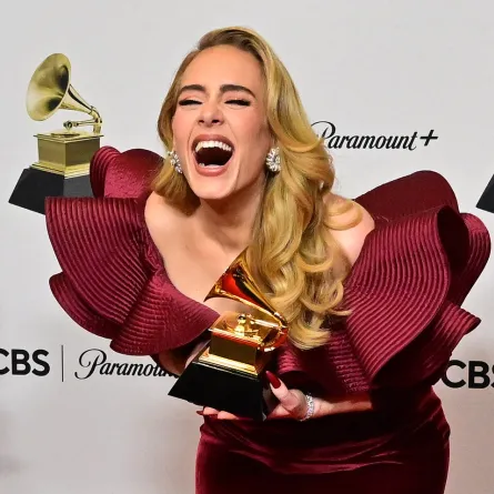 Adele poses with the award for Best Pop Solo Performance for "Easy on Me" in the press room during the 65th Annual Grammy Awards at the Crypto.com Arena in Los Angeles on February 5, 2023. Frederic J. Brown / AFP