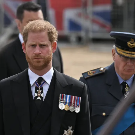 Prince Harry, Duke of Sussex follows the coffin of Queen Elizabeth II, draped in the Royal Standard, as it travels on the State Gun Carriage of the Royal Navy, from Westminster Abbey to Wellington Arch in London on September 19, 2022, after the State Funeral Service of Britain's Queen Elizabeth II. LOIC VENANCE / AFP