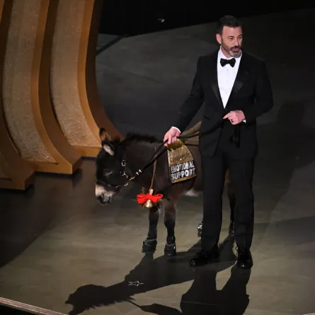 Jimmy Kimmel walks onstage with a donkey during the 95th Annual Academy Awards at the Dolby Theatre in Hollywood, California on March 12, 2023. Patrick T. Fallon / AFP