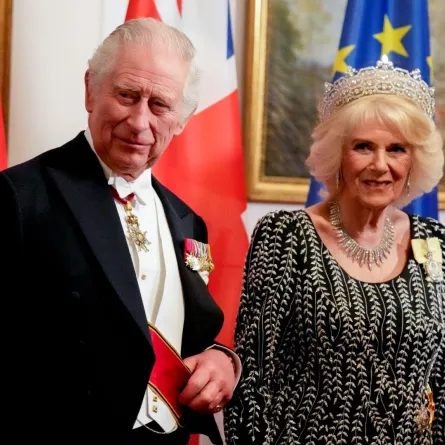 King Charles and Camilla at the presidential Bellevue Palace in Berlin, on March 29, 2023. Matthias Schrader / POOL / AFP