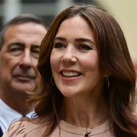 Crown Princess Mary of Denmark and Milan's Mayor Giuseppe Sala  on September 7, 2021, during the Milan Design Week 2021. MIGUEL MEDINA / AFP