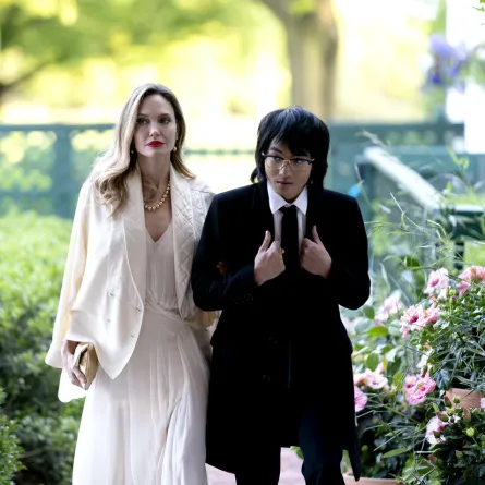 Angelina Jolie (L) and her son Maddox arrive for a State Dinner US President Joe Biden and US First Lady Jill Biden host for South Korean President Yoon Suk Yeol and his wife Kim Keon Hee at the White House in Washington, DC, on April 26, 2023. Stefani Reynolds / AFP