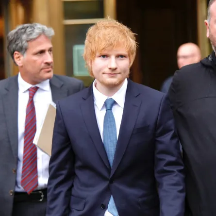 Ed Sheeran leaves after testifying over Marvin Gaye copyright infringement claim at the Manhattan federal court in New York on April 25, 2023. Sheeran is accused of copying the music of singer Marvin Gaye's "Let's Get It On," co-written by Ed Townsend. Kena Betancur / AFP