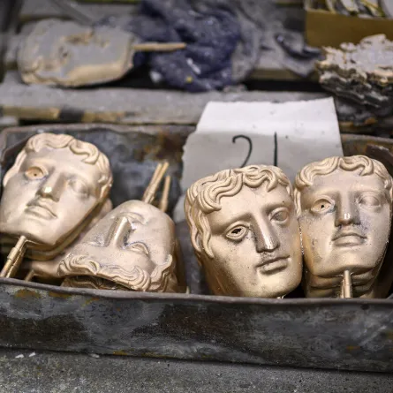BAFTA (British Academy of Film and Television Arts) masks waiting to be fettled are pictured during a photo call at the New Pro Foundries, west of London, on January 21, 2020, ahead of the British Academy Film Awards 2020. JUSTIN TALLIS / AFP