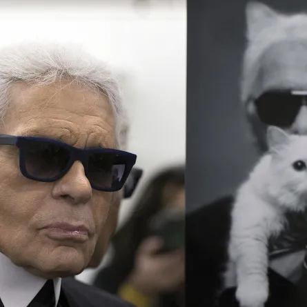 Karl Lagerfeld poses next to a photo of himself and his cat Choupette during a visit to the workshops that work for Chanel in Pantin, outside of Paris, on February 7, 2014. PHOTO / JOEL SAGET Joël SAGET / AFP