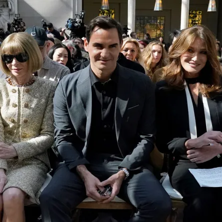 Anna Wintour, Roger Federer, and French singer and model Carla Bruni  at The Metropolitan Museum of Art in New York City on May 1, 2023. TIMOTHY A. CLARY / AFP