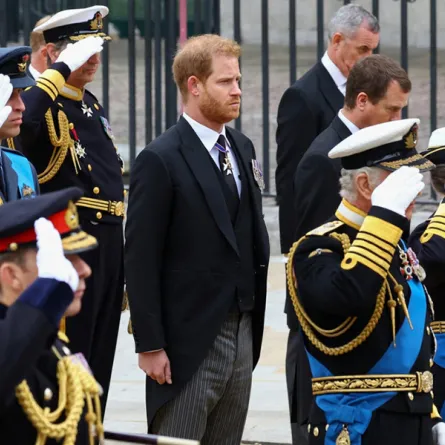 Britain's Prince Harry (C), Duke of Sussex, stands next to Britain's King Charles III (2nd R), Britain's Princess Anne, Princess Royal, and Britain's Prince William (L), Prince of Wales, as they salute in London on September 19, 2022, for the State Funeral Service for Britain's Queen Elizabeth II. HANNAH MCKAY / POOL / AFP