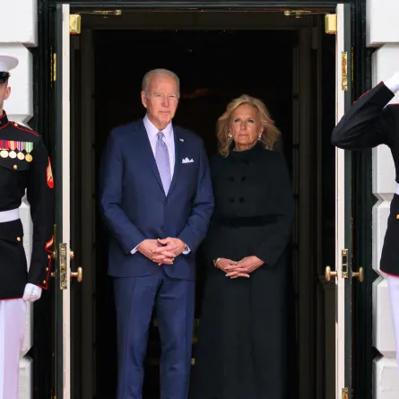 US President Joe Biden and First Lady Jill Biden await the arrival of Philippines President Ferdinand Marcos and his wife Louise Araneta-Marcos at the South Portico of the White House in Washington, DC on May 1, 2023.