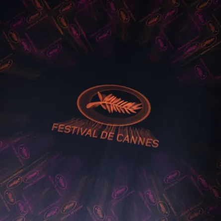 This photograph taken on April 13, 2023 shows the Cannes Film festival logo. Thomas SAMSON / AFP