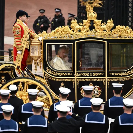 Britain's King Charles III and Britain's Camilla in the 'King's Procession', a journey of two kilometres from Buckingham Palace to Westminster Abbey in central London on May 6, 2023, ahead of their coronations. Marco BERTORELLO / AFP