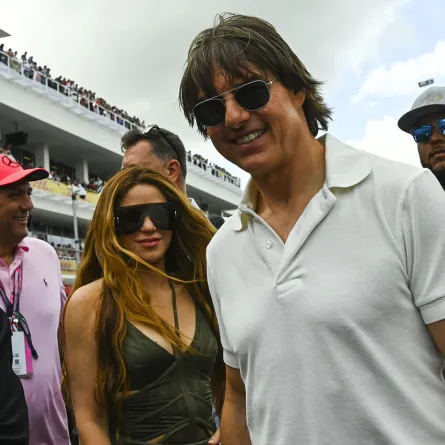 Tom Cruise (R) and Colombian singer Shakira (L) attend the 2023 Miami Formula One Grand Prix at the Miami International Autodrome in Miami Gardens, Florida, on May 7, 2023. (Photo by CHANDAN KHANNA / AFP)