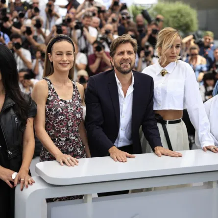 Swedish film director and President of the Jury of the 76th Cannes Film Festival Ruben Ostlund (C) poses with members of the jury (from L) Moroccan film director Maryam Touzani, US actress Brie Larson, French film director Julia Ducournau and Zambian film director Rungano Nyoni during a photocall for the 2023 Cannes film festival jury at the 76th edition of the Cannes Film Festival in Cannes, southern France, on May 16, 2023. (Photo by Valery HACHE / AFP)
