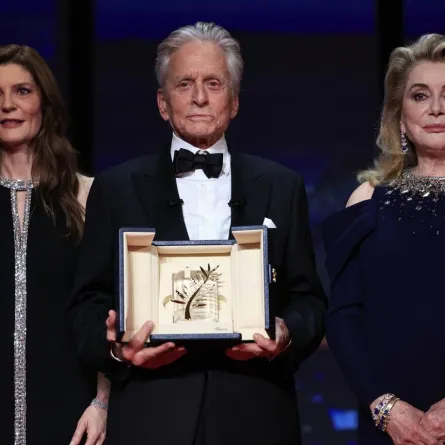 rench actress and Mistress of Ceremony of the 76th edition of the Cannes Film Festival Chiara Mastroianni, US actor Michael Douglas and French actress Catherine Deneuve stand during the opening ceremony in Cannes, southern France, on May 16, 2023. (Photo by Valery HACHE / AFP)
