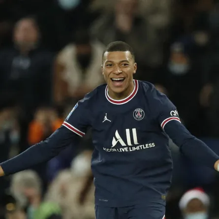 Paris St Germain's Kylian Mbappe celebrates scoring their second goal. Soccer Football - Ligue 1 - Paris St Germain v AS Monaco - Parc des Princes, Paris, France - December 12, 2021; REUTERS/Benoit Tessier