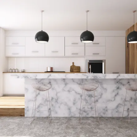 جاذبية التصميم المعد من الرخام والخشب في المطبخ