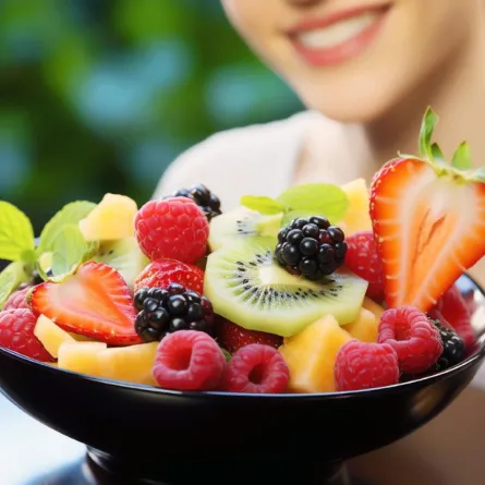 صورة امرأة تحمل سلة الفاكهة