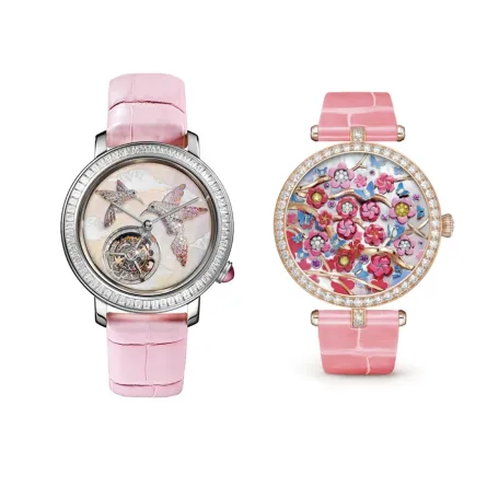 ساعات ألماس بسوار من جلد التمساح باللون الوردي.. قطع راقية تُزيدكِ أناقة وجاذبية