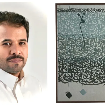 الفنان خالد المطلق ولوحة من لوحاته - الصورة من المصدر