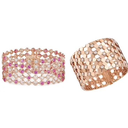 أساور عريضة من الذهب الوردي المرصوف بالألماس 