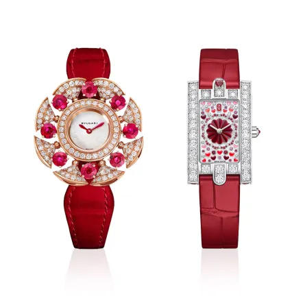 ساعات جلد حمراء مرصوفة بالألماس لعروس 2024