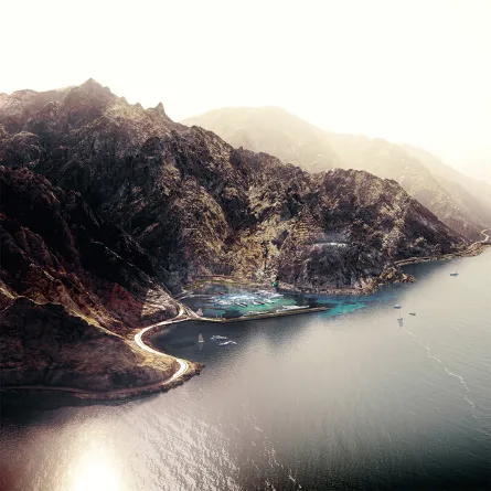 تقع أكويلم بين أحضان جبال يصل ارتفاعها إلى 450م. الصورة من الحساب الرسمي لنيوم على منصة x