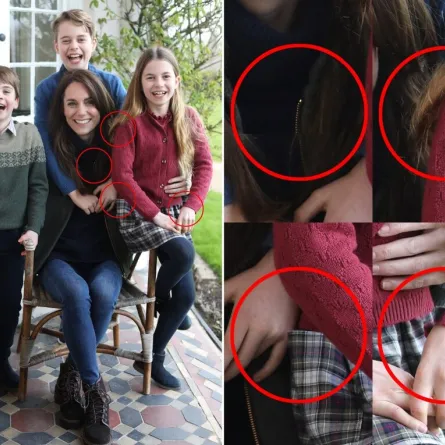 بعض تعديلات صورة كيت ميدلتون مع أولادها Princess of Wales with her children, alongside a version highlighting several inconsistencies in alignments (مصدر الصورة: Prince of Wales / KENSINGTON PALACE / AFP)