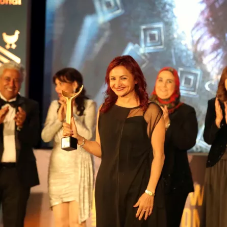 هالة خليل لحظة تكريمها - الصورة من المركز الإعلامي لمهرجان أسوان لأفلام المرأة