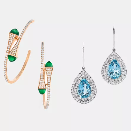 أقراط ذهب وبلاتين بتصاميم عصرية مرصوفة بالأحجار الكريمة والألماس لربيع 2024