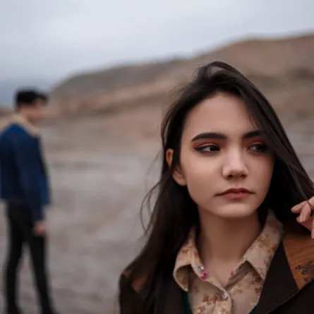 فتاة بعد انفصالها عن صديقها الذي يقف خلفها