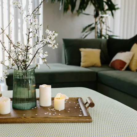  صينية محملة بإكسسوارات التزيين، في منطقة المعيشة