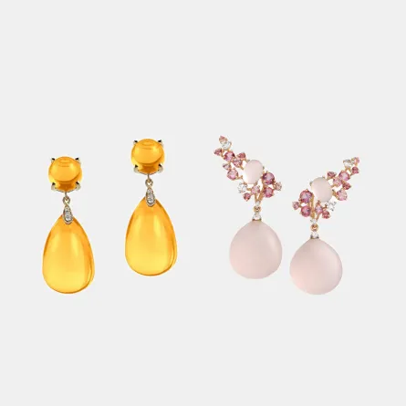 أقراط ذهب أصفر مرصعة بالسترين من Goshwara وأقراط ذهب وردي مرصعة بالأحجار الوردي من بروماني Brumani