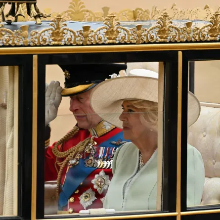 الملك تشارلز الثالث والملكة كاميلا يصلان لحضور موكب يوم ميلاد الملك، "Trooping the Colour"، في عرض Horse Guards، في لندن (King Charles III and Queen Camilla arrive for the King's Birthday Parade, "Trooping the Colour", on Horse Guards Parade, in London). مصدر الصورة: JUSTIN TALLIS / AFP