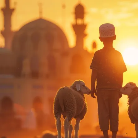 صورة تعبيرية لطفل مع خروفين يتوجه لساحة المسجد حيث سيتم ذبح الاضحية بالعيد