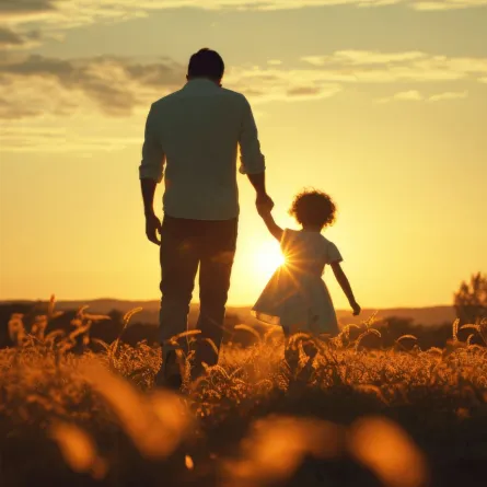 أب يعلم ابنته الصغيرة ويمشي معها بالمزرعة تحت أشعة الشمس الدافئة 