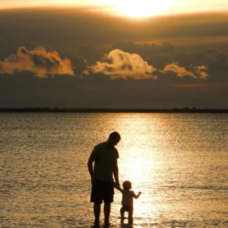 والد يأخذ بيد صغيره ليعلمه المشي بين مياه البحر الساكنة