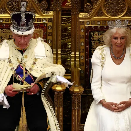 الملك تشارلز الثالث إلى جانب الملكة كاميلا في مجلسي البرلمان بلندن (King Charles III alongside Queen Camilla at the Houses of Parliament, in London). مصدر الصورة: HENRY NICHOLLS / POOL / AFP