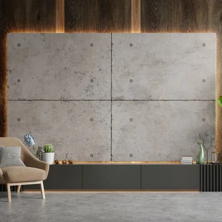 مادة الأسمنت تشغل جزءًا من الجدار في غرفة الجلوس