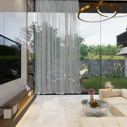 غرفة جلوس فخمة، مزودة بستائر 