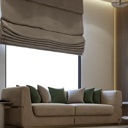 غرفة معيشة مودرن؛ تبدو ستارة رومانية