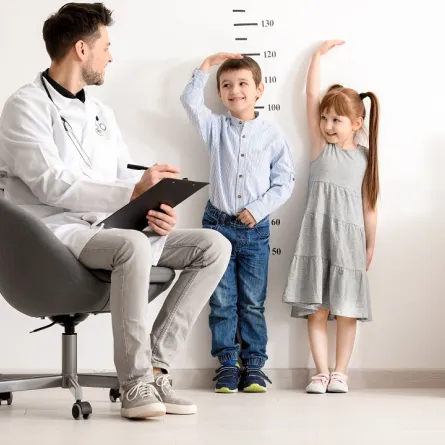 صورة لطبيب وطفلين يقيسان طولهما
