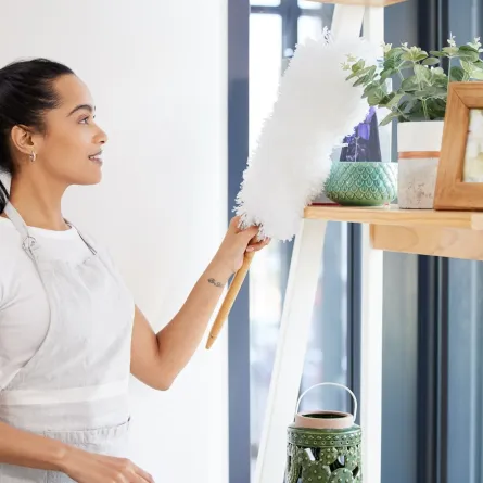 امرأة تنفض الغبار عن الأسطح