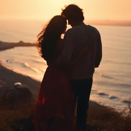 زوجان رومانسيان على الشاطئ عند غروب الشمس
